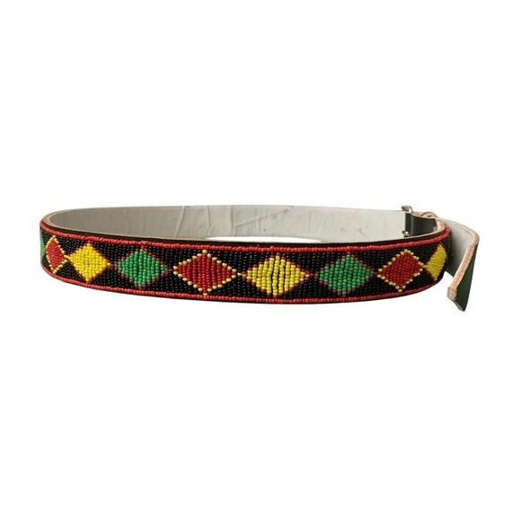 Beaded Leather Waist Belt Handmade Size 38 Red Yellow Green Boho Hippie Festival - Picture 3 of 10